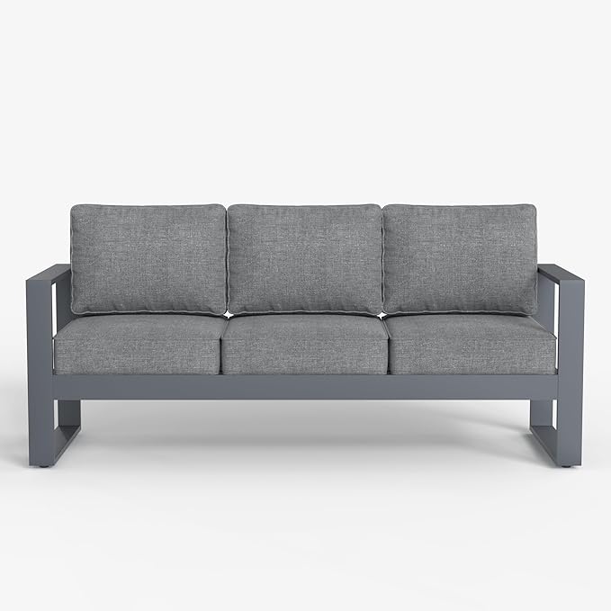 LayinSun Outdoor Patio Aluminum Sofa, Metal Modern 3-Seat Couch with Washable Thick Cushions