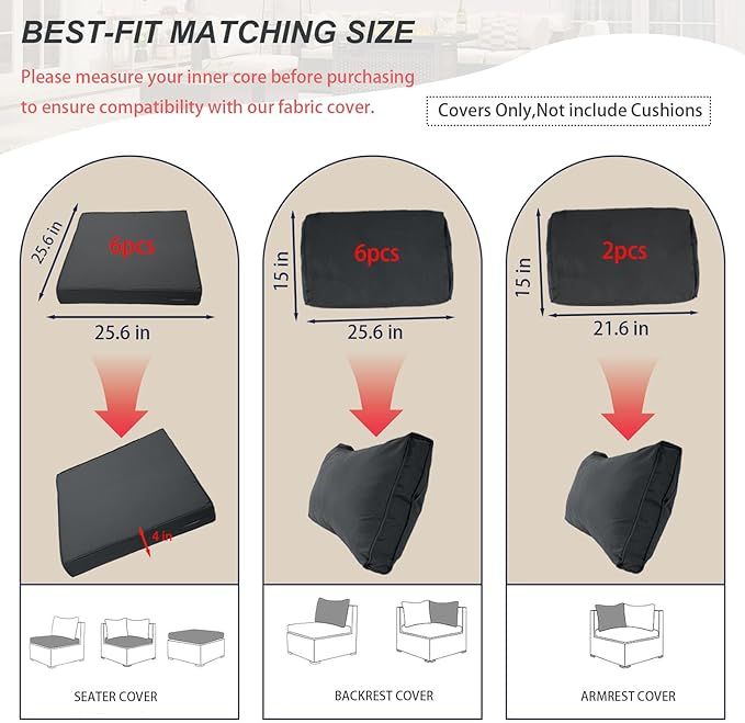Outdoor Cushion Covers for Patio Furniture, Patio Cushion Covers Replacement with Zipper, Waterproof & Fade Resistant,Only Cover (Deep Grey, 25.6Lx25.6Wx4H - Only Covers)