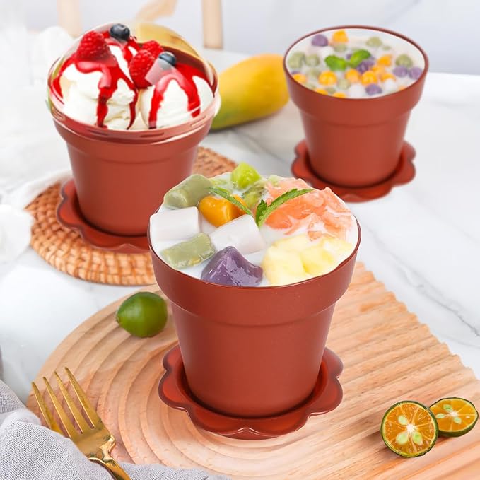 Garneck 20pcs Mini Flower Pot Dessert Cups with Lids Shovel Spoons and Bottom Tray Plastic Small Cake Cup for Construction Birthday Baby Shower Summer Ice Cream Yogurt Mousse Pudding