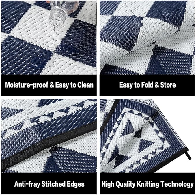 HUGEAR Outdoor Waterproof Rug 8'x10' Plastic Straw Rugs Washable Reversible Floor Mat Blue Plaid Carpet for Camping RV Deck Entryance Porch Picnic Balcony Beach Backyard