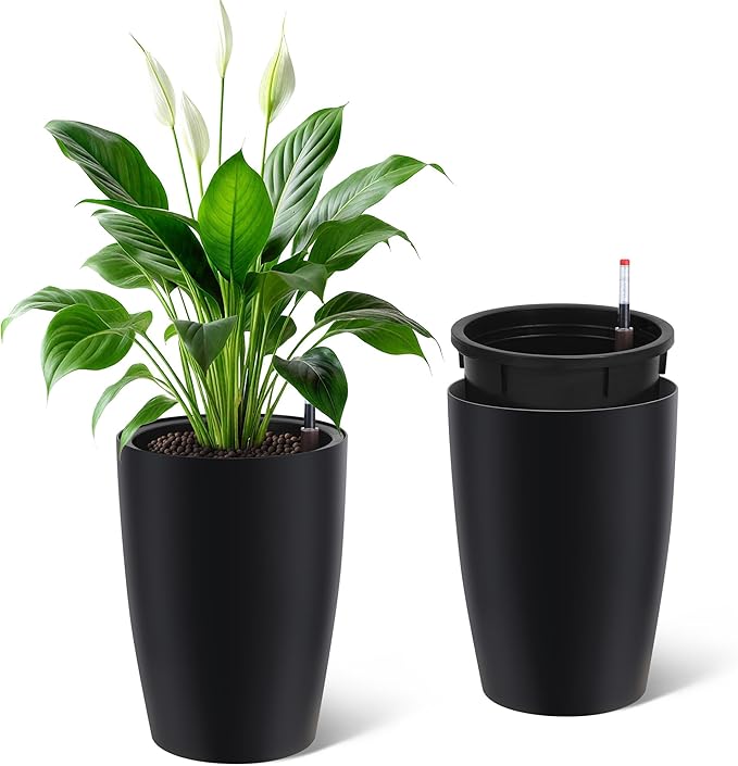 16" Tall Planter Set of 2, Outdoor Planter with Built-in Drainage and Water Level Gauge, Self Watering Planters for Garden, Patio, Balcony, Lounge, Black