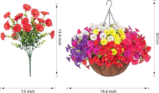 2 Set Artificial Hanging Flowers Fake Plants Baskets for Outdoors Spring Decor , 24 Pcs UV Resistant Faux Morning Glory with 2 Hanging Planters Realistic Silk Flowers for Outside Porch Patio Outdoor
