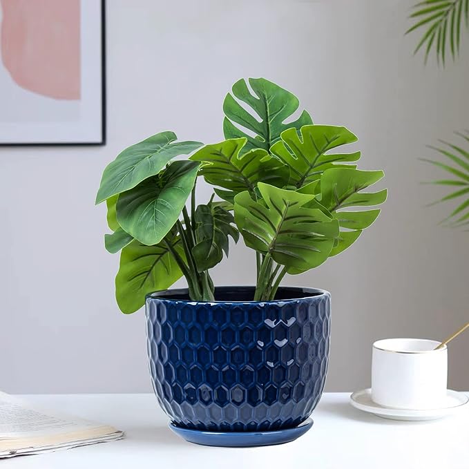 Ceramic Flower Pots with Drainage Hole and Saucer, North European Style Round Indoor Succulent Planters with Honeycomb Inspired Texture Design, Small to Medium-Sized, Set of 3, Navy Blue