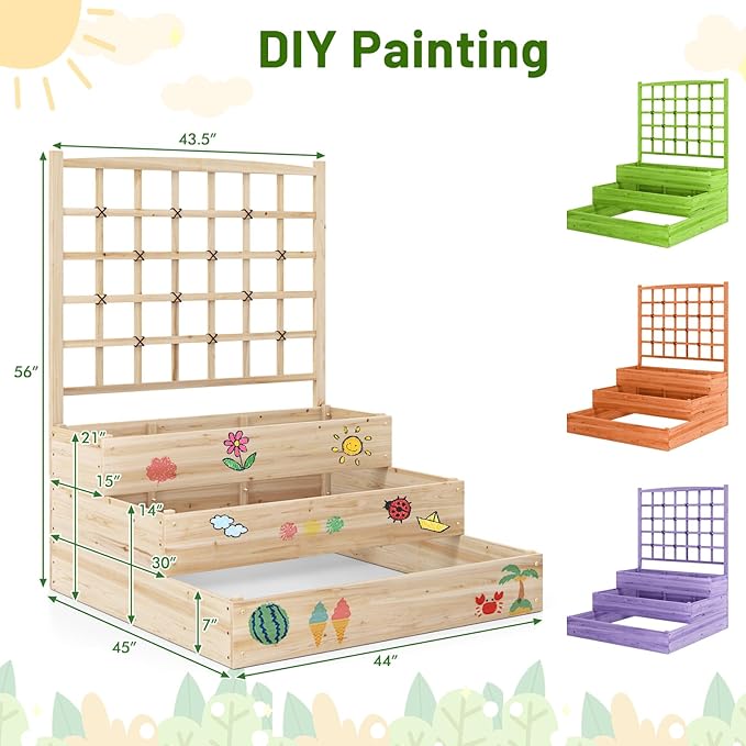 Giantex 3-Tier Raised Garden Bed with Trellis and 3 Planter Boxes, Outdoor Open-Ended Wood Raised Bed for Planting and Vines Flowers Vegetables Growing, 44"x45"x56"