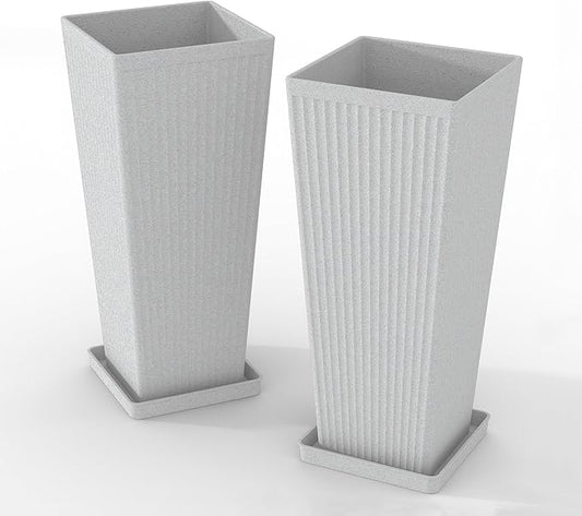 Tall Planters for Outdoor Plants Set of 2, 23.6" Large Taper Flower Plant Pots with Drainage Hole and Drainage Trays, Weather-Resistant Plastic planters for Patio, Porch, Garden, Grey