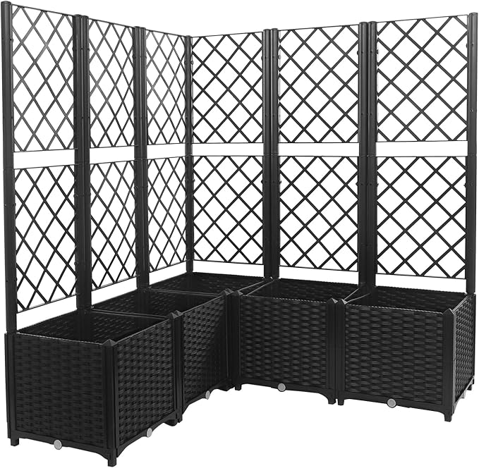 5PCS Raised Garden Bed with Treliis, Freestanding Garden Planter, Detachable Outdoor Planter Box, Vertical Garden Beds with Water Storage Mechanism for Climbing Growing, Backyard (Black)