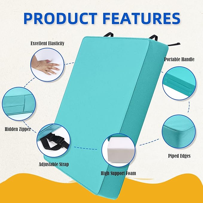 Patio Chair Cushion 20 inch Square Waterproof Outdoor Seat Cushions for Patio Furniture Color Fastness Garden Sofa Couch Chair Pads with Handle and Straps, 2 Pack Blue