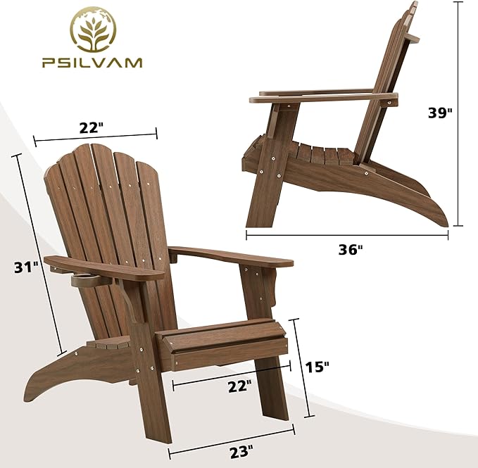 Psilvam Oversized Adirondack Chair, Fade-Resistant & Odor-Free Poly Lumber Fire Pit Chairs with Cup Holder, Weatherproof Lawn Chair, Installs in 15 Min Patio Chair, 350 Lbs Support (2, Light Brown)