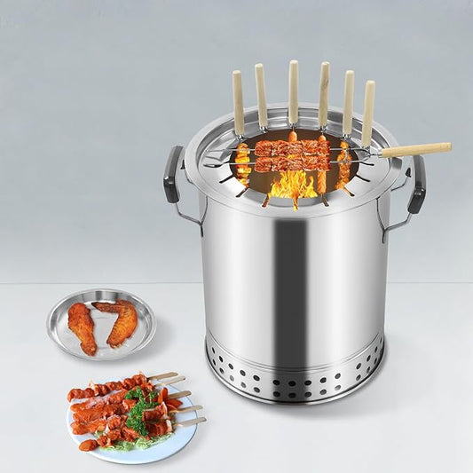 Smokeless Barbecue Stainless Steel Surround Charcoal Barrel Grill, Portable Kebab Charcoal Grill w/30 Skewers & Grilling Accessories Set for Picnics Camping Traveling Parties Beaches Gardens, 10.2"