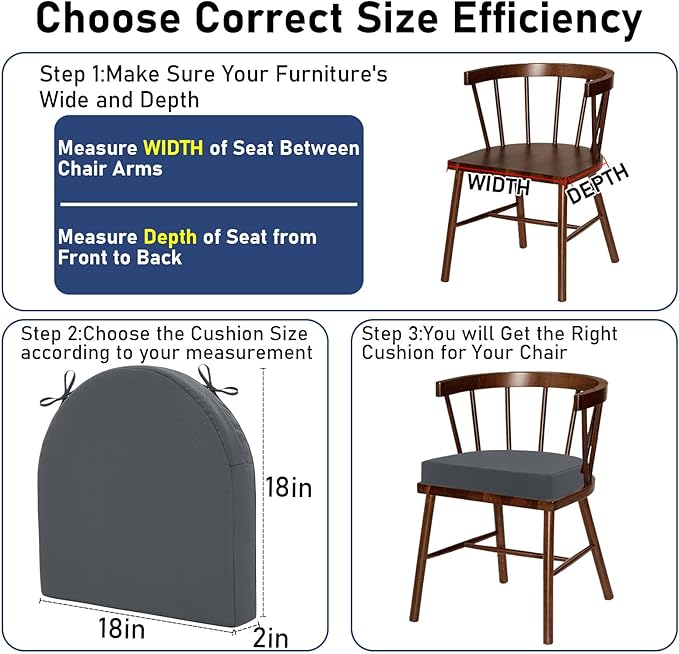 Topotdor Outdoor Chair Cushions Set of 2, 18"x18"x2" Waterproof Patio Chair Cushions for Outdoor Furniture, Round Corner Outdoor Seat Cushions Color Fastness Chair Pads with Ties, Dark Gray