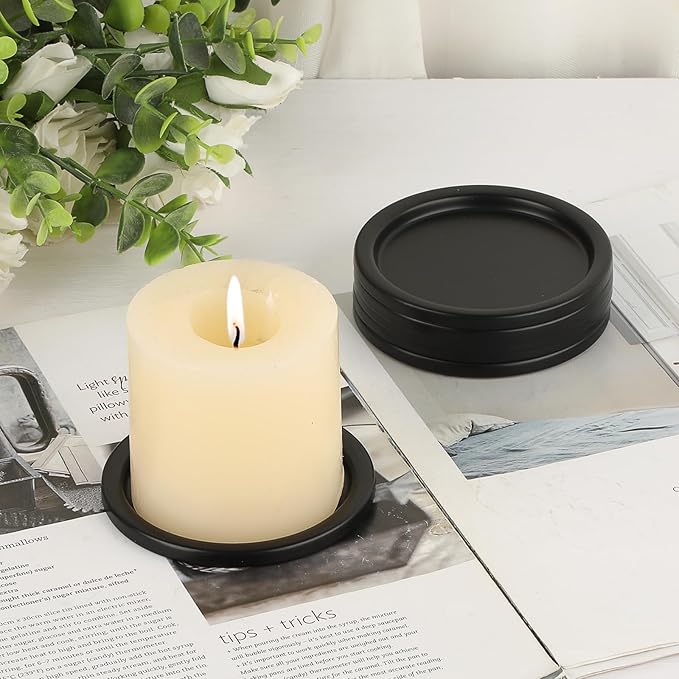 OwnMy 3PCS Iron Candle Holders for Pillar Candles, 3 Inch Metal Pillar Candle Plates and Trays, Small Round Tealight Holders Elegant Candle Stands Bases for Wedding Dining Table Centerpieces, Black