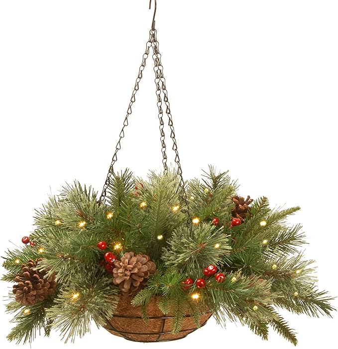 National Tree Company 20 in Pre-Lit Colonial Fir Artificial Christmas Hanging Basket, Christmas Decoration with Pinecones, Red Berries, 50 Clear LED Lights, 108 Tips, Timer, Green