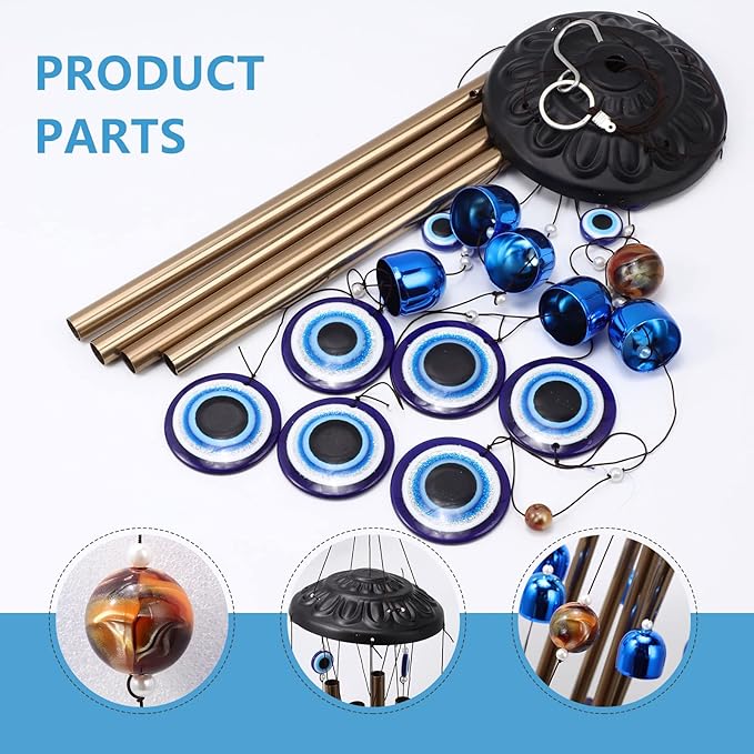 BWINKA Blue Evil Eye Amulet Wind Chimes Bells Outdoor Decor,Metal Windchimes for Garden Patio Backyard Home Decor…