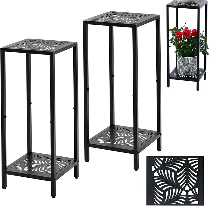 2 Packs of 2-Tier Tall Metal Square Plant Stand 31” Heavy-Duty Modern Flower Pot Rack for Indoor Living Room, Corner Side Table for Outdoor Patio, Garden Planter Holder, Black, Leaf