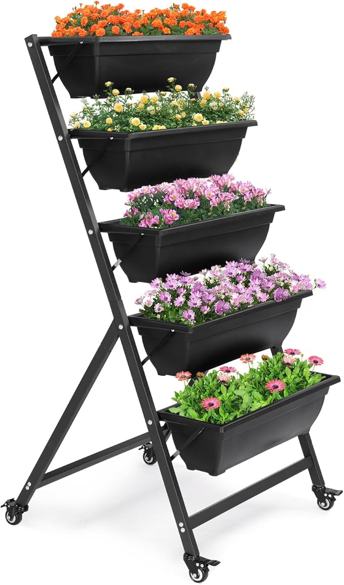 5 Tier Metal Vertical Raised Garden Bed,Tiered Planter Stand with Wheels,Vertical Garden Planter for Indoor & Outdoor,Vegetable Flower Raised Stand,for Patio Balcony Lawn Porch Yard (Black)