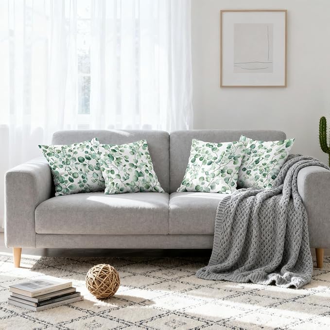 Watercolor Pillow Covers 18x18 inch Set of 4, Green Eucalyptus Leaf Botanical Wall Cushion Case Outdoor Sofa Throw Pillows Cover Garden Pillow Covers for Couch Living Room Bed Indoors Home Decor