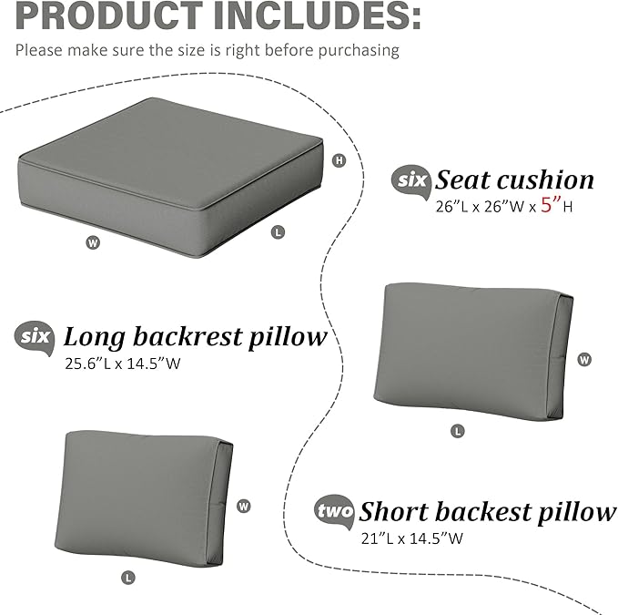 Outdoor Furniture Replacement Cushions, 5" Foam Foam High-Density, Fits 6-seat Sectional Rattan Conversation Set, 14 Piece Patio Water-Resistant Replacement Sofa Cushions, Liner&Cover