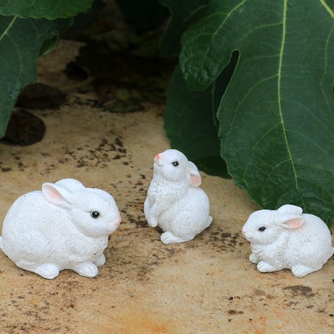 3PCS Bunny Statues Garden Decorations Set, Outdoor Small Light Weight Baby Rabbit Garden Statues for Outside Patio, Porch, or Flower Pots