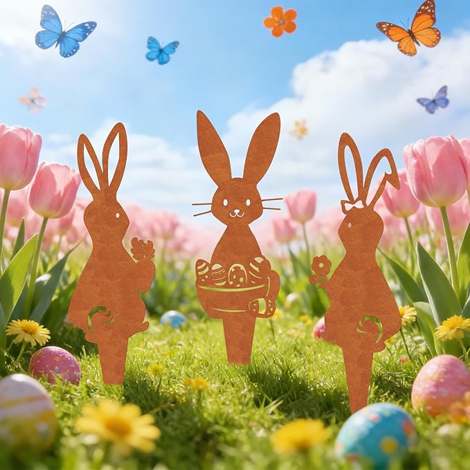 Easter Metal Bunny Garden Stake Outdoor 3 Pack Realistic Rust Rabbit Decorative Metal Garden Statues Stakes Yard Art Ornament Easter Bunny Stake Sign for Flowerbeds Planters Patios Lawn