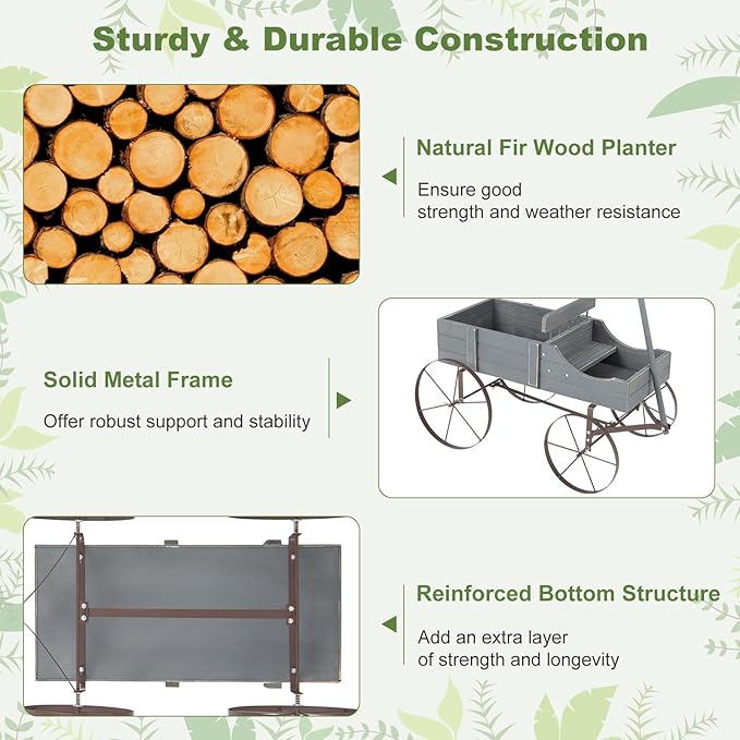 HAPPYGRILL Wooden Wagon Planter, 24.5” x 13.5” x 24” Decorative Garden Planter w/ 2 Planting Sections, Wheels, Handle, Small Decorated Cart, Flower Planter Box for Indoor Outdoor Patio (Grey)