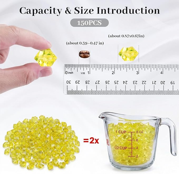 DomeStar Yellow Fake Ice Rocks, 150PCS Acrylic Gems Crystals Plastic Diamonds Fake Ice Cubes for Vase Fillers DIY Craft Wedding Photography Prop Display Table Scatter Home Amalfi Coast Decorations