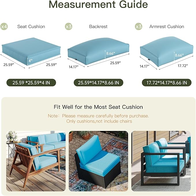 Patio Furniture Replacement Cushions for Outdoor Furniture Set of 4, Thick Patio Sofa Cushions for Outdoor Furniture, 9-Piece Splashproof Fade Resistant Cushions for Outdoor Couch, Blue