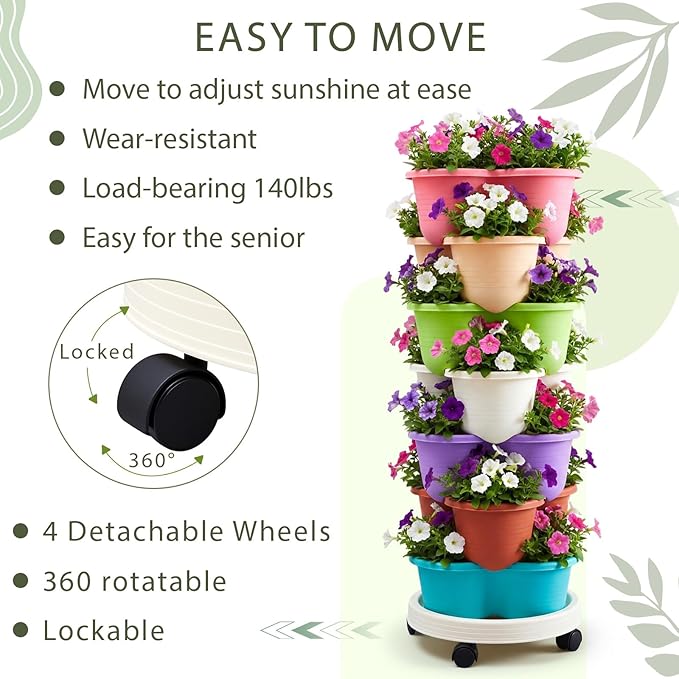 Umigy 2 Set of 7 Tier Stackable Vertical Planters with Removable Wheels and Tools Tower Planters Strawberry Herb Flower Vegetable Pots Indoor Outdoor Gardening Pots (Multicolor)