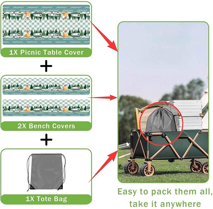 Picnic Table Cover with Bench Covers, Buffalo Plaid Camping Waterproof Windproof Fitted Tablecloth Cover with Elastic Edge, Camping Fitted Tablecloth with Drawstring Bag, 60in, Green