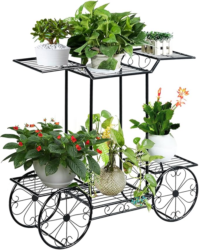 Giantex 6-Tier Plant Stand Flower Pot Holder Metal Flower Display Shelf with 4 Decorative Wheels Multilayer Parisian Style Plant Pot Holder Rack for Indoor, Garden, Patio, 32"L x 10"Wx 30"H, Black