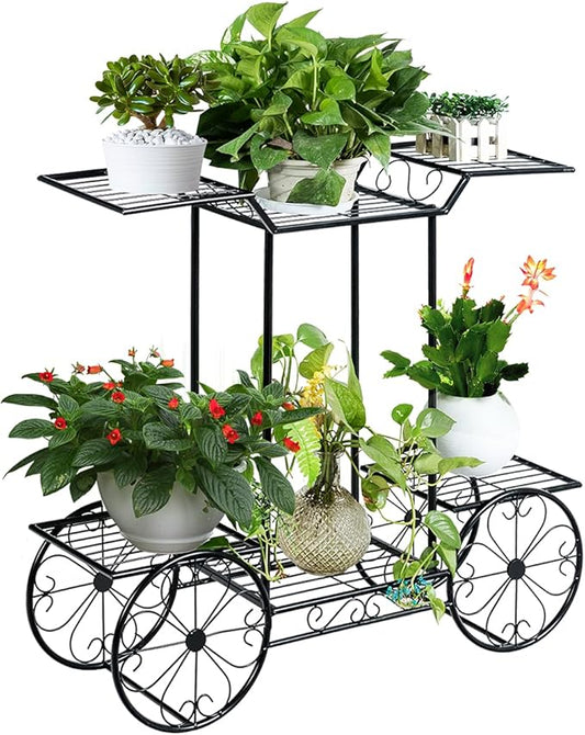 Giantex 6-Tier Plant Stand Flower Pot Holder Metal Flower Display Shelf with 4 Decorative Wheels Multilayer Parisian Style Plant Pot Holder Rack for Indoor, Garden, Patio, 32"L x 10"Wx 30"H, Black