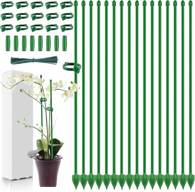 16PCs Plant Stakes for Indoor Plants,17 Inch Plant Support Stakes with Clips, Tall Adjustable Plant Sticks for Indoor Monstera Tomato Orchid Potted Plants Flower Comes with Spearhead End