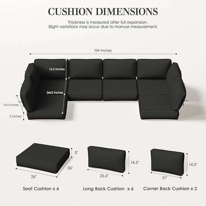 Outdoor Replacement Cushions for Patio Furniture, 5" Foam High-Density, 14-Piece Water-Resistant Outdoor Cushion for 6-Seat Sectional Patio Conversation Sets, Liner&Cover