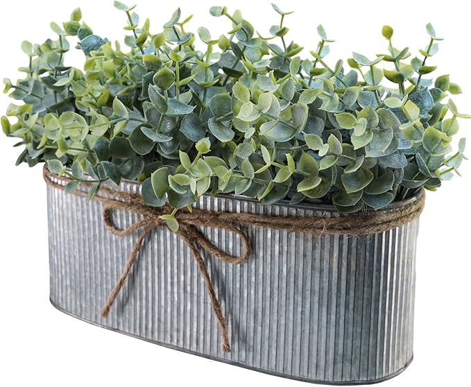 Winlyn Artificial Eucalyptus Arrangement in Rustic Oval Galvanized Metal Planter Box Faux Eucalyptus Bush Greenery Potted Plants for Farmhouse Indoor Home Office Table Centerpiece Kitchen Décor