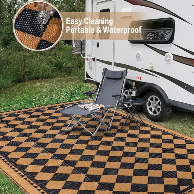 HUGEAR Outdoor Waterproof Rug 6'x9' Plastic Straw Rugs Washable Reversible Floor Mat Brown Plaid Carpet for Camping RV Deck Entryance Porch Picnic Balcony Beach Backyard