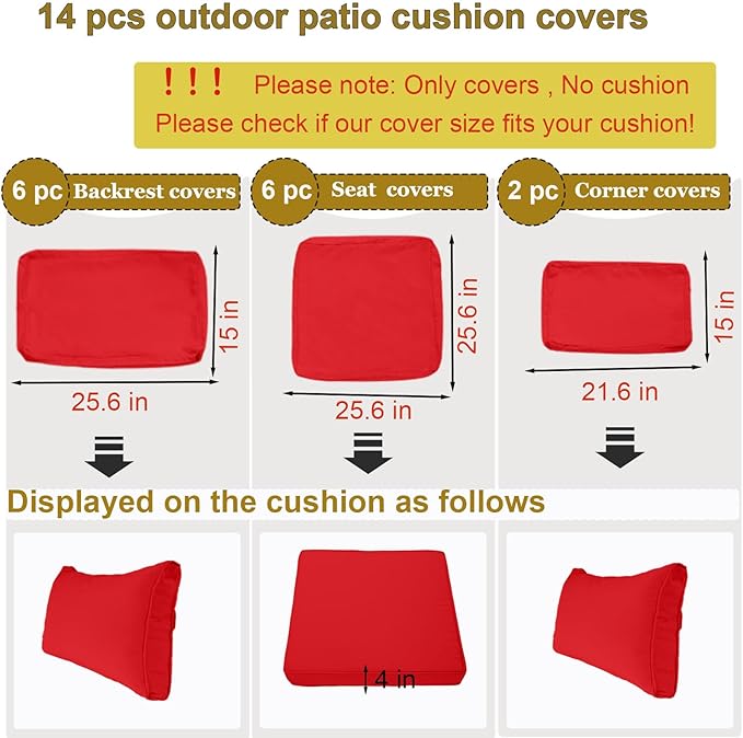 14 Piece Outdoor Patio Cushion Cover Replacement, Waterproof Patio Cushion Covers, Outdoor Furniture Cushion Covers Set for 6 Seat Wicker Rattan Sofa (Red)