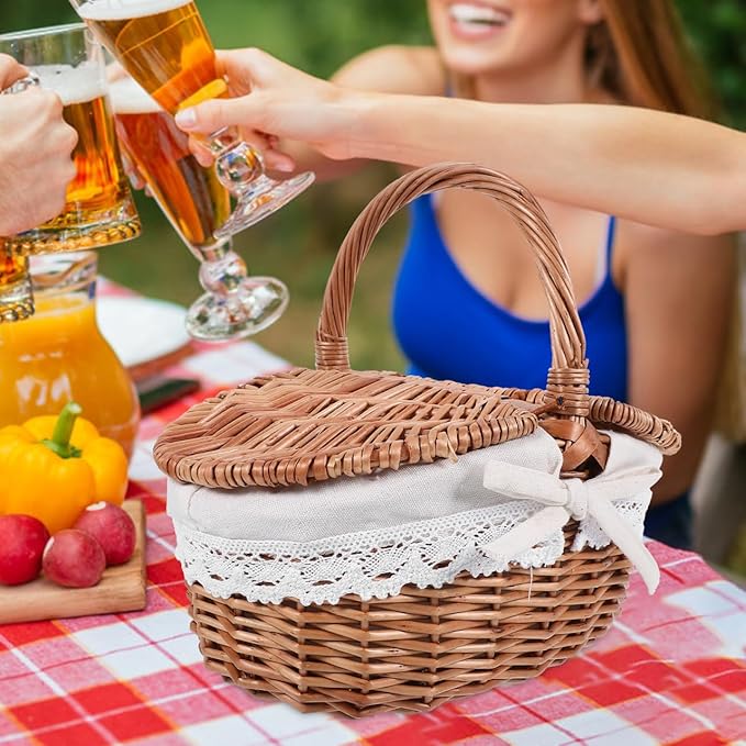 Large Wicker Picnic Basket with Lid and Handle, Sturdy Woven Picnic Basket with Liner, Fruit Bread Storage for Outdoor Camping, Easter Party, Garden Picking
