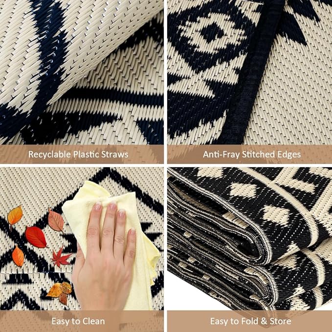 LILIOFFIC Outdoor Rug Waterproof 9x12 ft Outdoor Carpet Patio Rug Mat Reversible RV Camping Rug Plastic Straw Rug Outside Outdoor Area Rug for Patio Deck Balcony Backyard Picnic Beach