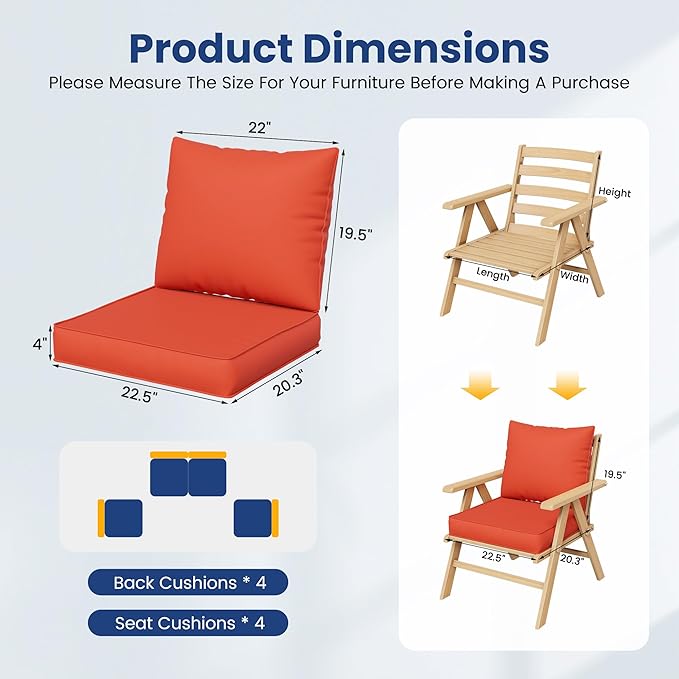 UDPATIO Outdoor Cushions for Patio Furniture, 4'' Replacement Cushions for Outdoor Furniture, Set of 4 Water-Resistant Outdoor Sectional Cushions for Sofa Couch Chair (Orange)