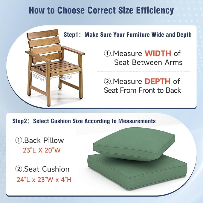 Outdoor Chair Cushions 23" x 24" x 4", Patio Deep Seat Replacement Cushions Set with Zippered Removable Cover, Weather-Resistant Olefin Fabric for Garden Chair Sofa Couch, Set of 2, Green