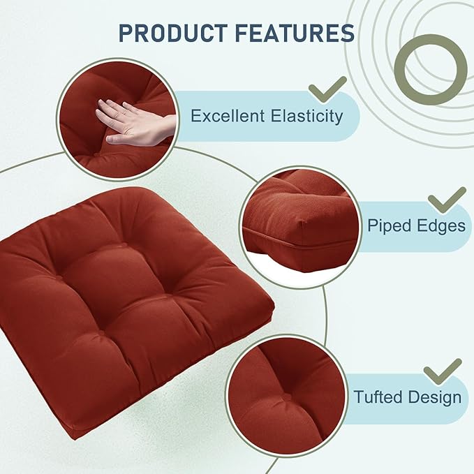 downluxe Outdoor Chair Cushions Set of 2 for Patio Furniture, Waterproof Tufted Overstuffed Patio Furniture Cushions, Thick Outdoor Seat Cushion, 19" X 19" X 5", Brick Red