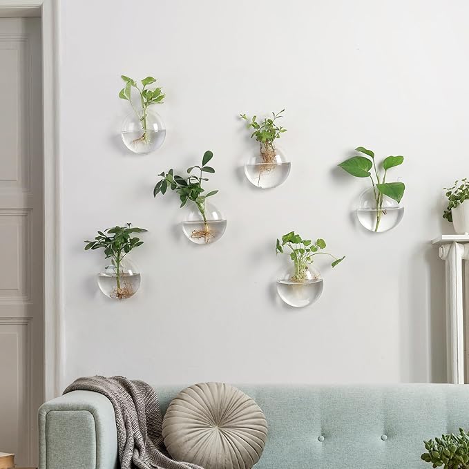 Wall Propagation Planters 6 Pack Glass Wall Planters for Indoor Plants, Wall Plant Holder Plant Propagation Wall Hanging, Glass Flower Vase Indoor Hydroponic Decor