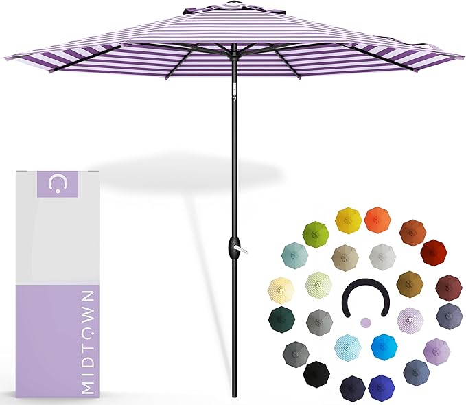 Midtown Umbrellas - 10-Year-No-Fade 6 Ft Patio Umbrella with Terylast Fabric, Auto-Tilt Aluminum Frame and 8 Reinforced Ribs for Deck, Pool, Garden & Beach - Purple/White Stripes Canopy, Black Pole
