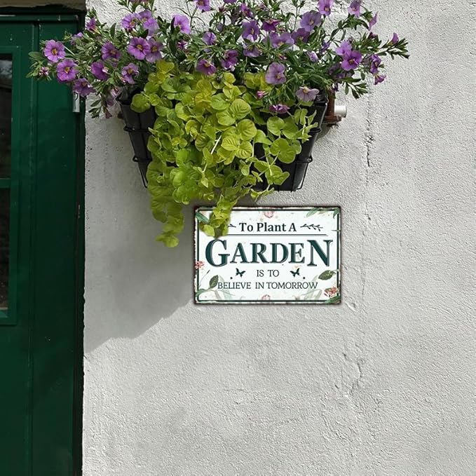 YOYI ART Gardening Sign for Outside - To Plant A Garden is To Believe Tomorrow, Vintage Metal Tin Signs for Patio, Garden, Farmhouse, Porch Wall Decor Art, Gifts for Women Planter, 12 x 8 inch