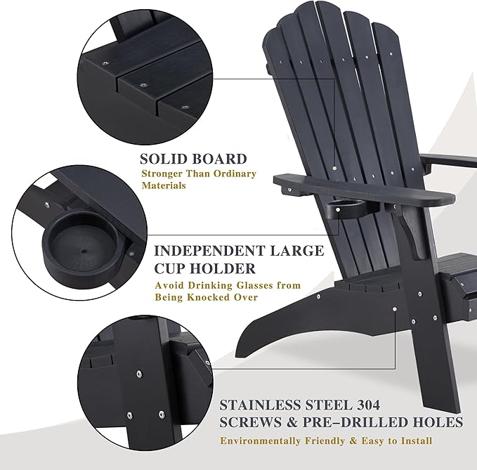 Psilvam Adirondack Chair, Oversized Poly Lumber Fire Pit Chair with Cup Holder, 350Lbs Support Patio Chairs for Garden, Weather Resistant Outdoors Seating, Relaxing Gift for Father & Mother (4, Black)