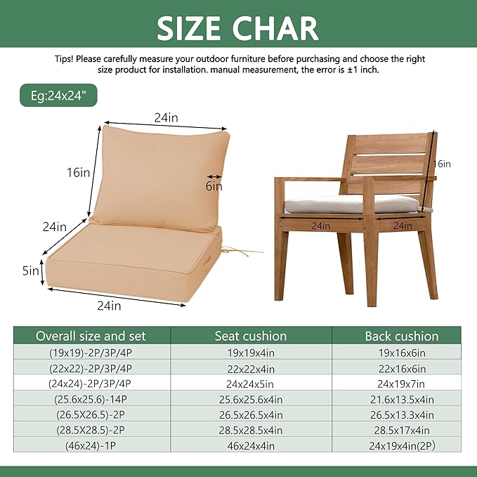Outdoor Chair Cushions 4 Set,24 x 24 x 5IN, Patio Deep Seat Cushion for Patio Furniture, Waterproof & Fade Resistant Thick Deep Seating Pads for Outside Wicker Ratten Chair Sofa Couch,Beige