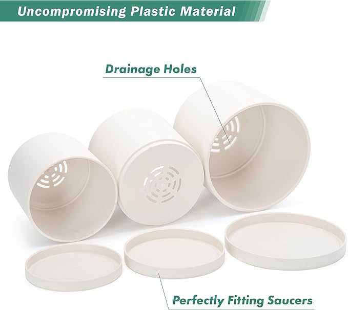 D'vine Dev 6 Inch 6.5 Inch 8 Inch, Set of 3 Plastic Planter Pots for Plants with Drainage Hole and Seamless Saucers, Oatmeal, Medium, 74-V-H-3