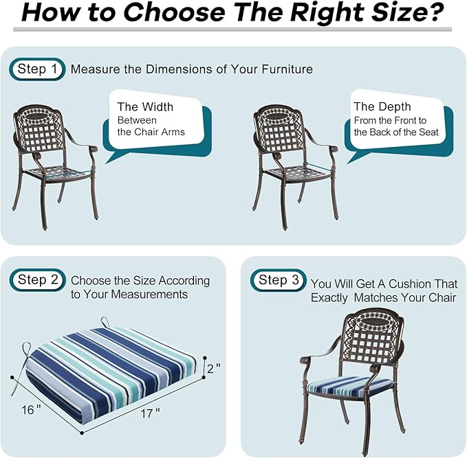 Basic Beyond Outdoor Chair Cushions Set of 4, Outdoor Cushions for Patio Furniture, Water Resistant Patio Chair Cushions with 2 Ties, 17x16x2, Pinstriped Blue
