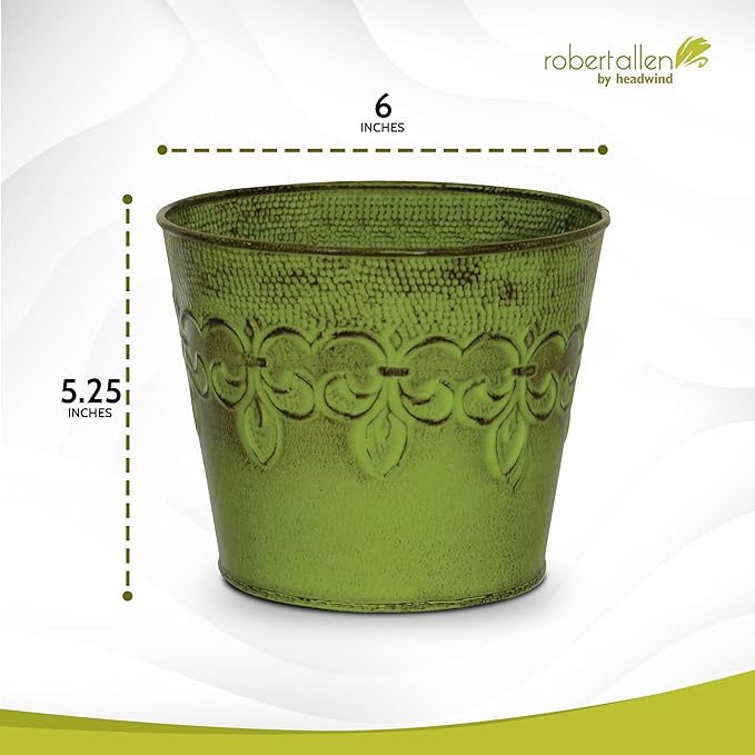 Headwind Ironlite Fleur De Lis Collection – 6" Tansy Green Decorative Planter with Drain Plug – Lightweight Metal Garden Pots for Indoor & Outdoor Planters Use by Robert Allen