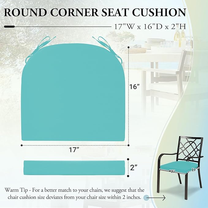 Wellsin Outdoor Chair Cushions for Patio Furniture, 3-Year Color Fastness Patio Chair Cushions Set of 2, Water Resistant Round Corner Outdoor Seat Cushions 17"X16"X2", Teal