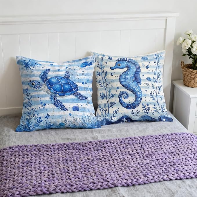 Ocean Pillow Covers 18x18 inch Set of 4, Blue Seahorse Coral Watercolor Nautical Cushion Case Outdoor Sofa Throw Pillows Cover Garden Pillow Covers for Couch Living Room Bed Indoors Home Decor